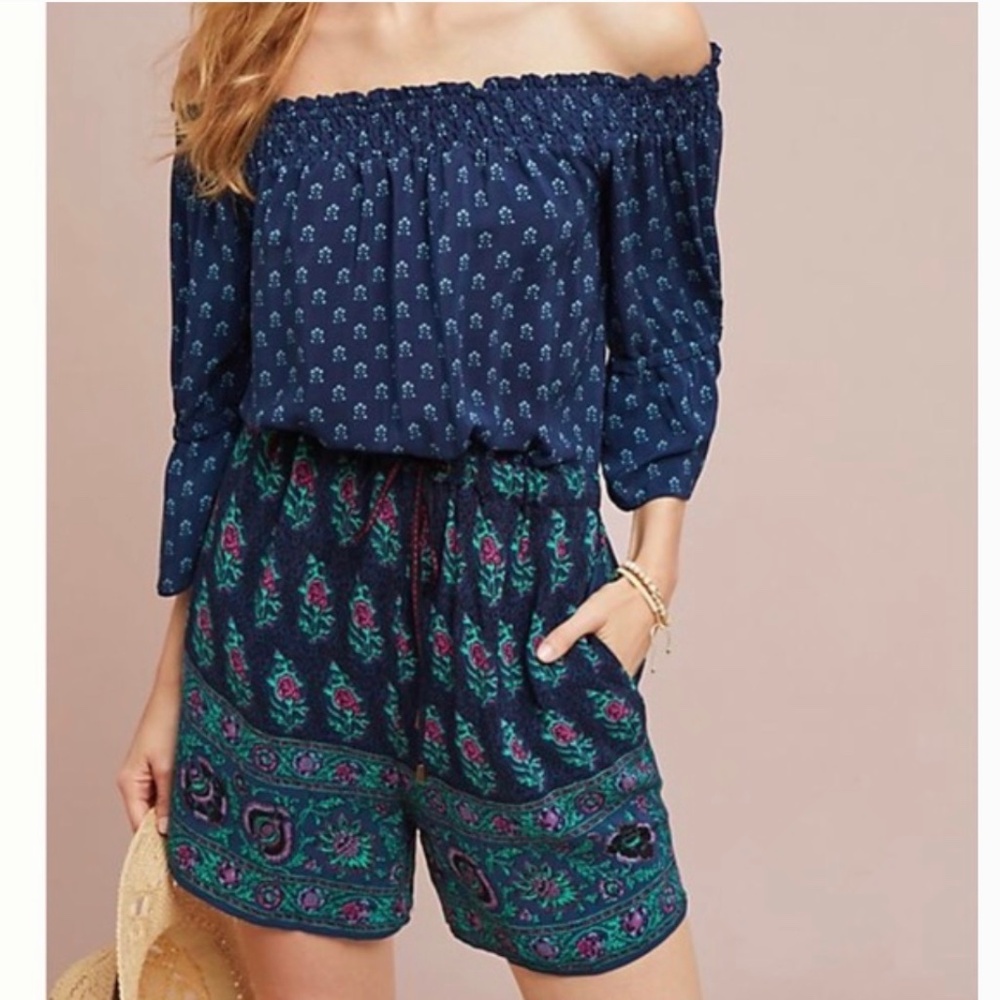 Anthropologie ETT TWA Kaleo Off Shoulder Boho Romper Blue Block Print SZ S